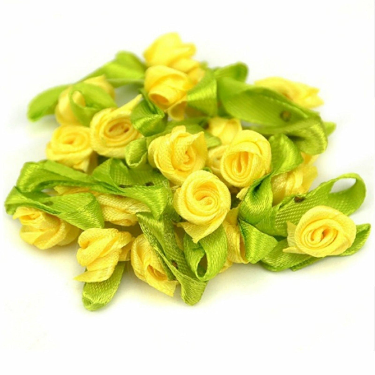 25 x Mini Rose Buds Satin Ribbon Flowers Rosebuds Wedding Card Making Craft - Yellow