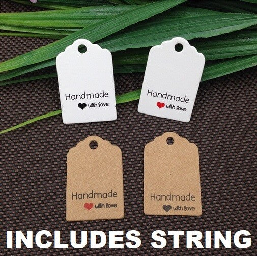 100 x Craft Paper Tags 'Handmade with Love' Gift Hand Made Tag with String 3x2cm