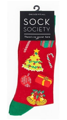 Sock Society Cotton Soft Stretchy Christmas Socks One Size Fits all (Adult 5-12) - Christmas Tree Red 1 Pair