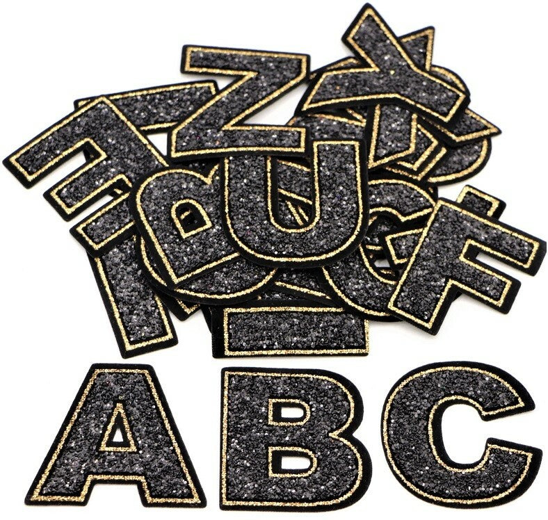 Large Black Gold Sequins Letter Patch Iron or Sew on Alphabet Customise Clothing
