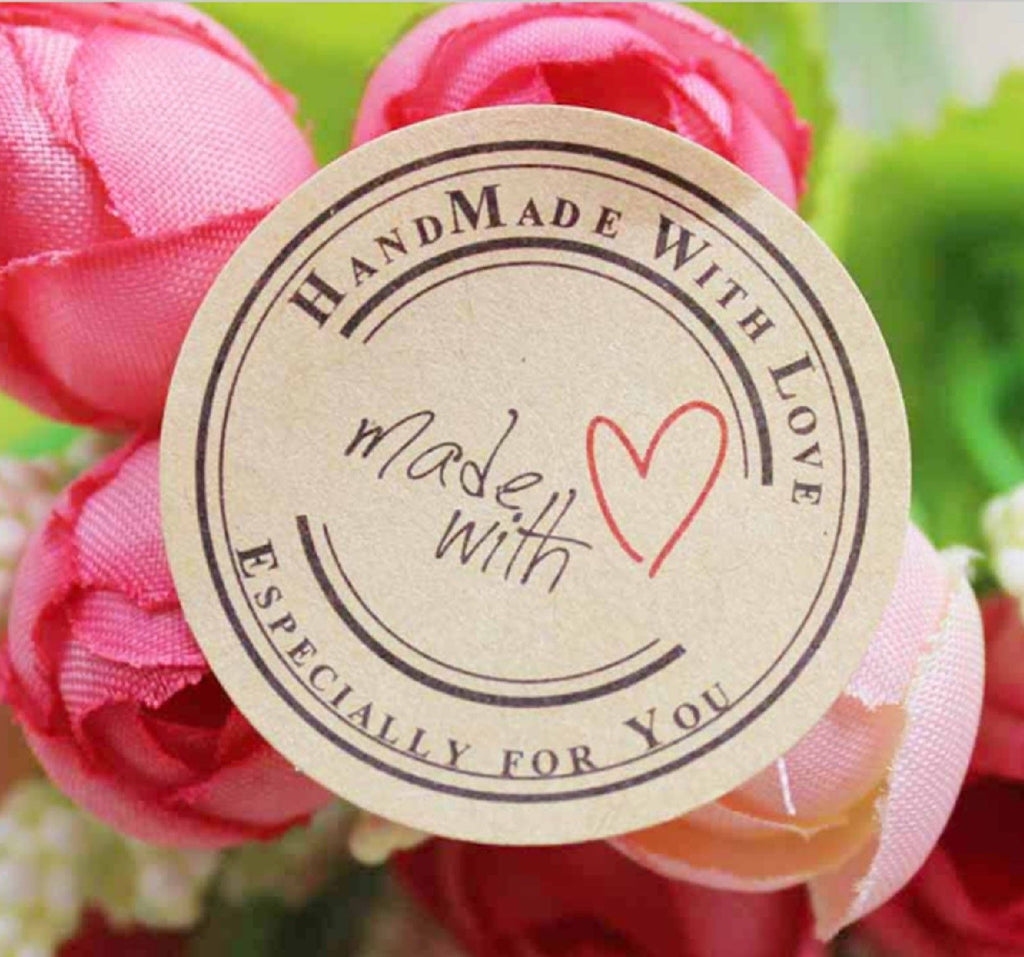 Round Paper Labels Hand Made with Love Gift Food Craft Soap Stickers Thank You - Brown