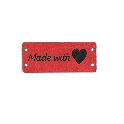 Faux Leather Labels Made with Love Sew On Garment Clothing Label Tags 50x20mm - Red Design 1