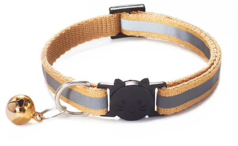 Reflective Safety Cat Collar Quick Release Breakaway Kitten Pet Adjustable Bell - Khaki