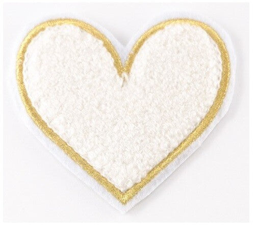 3D Large Chenille Towel Heart Patch Iron on Sew on Customise Clothing Craft 7cm - White