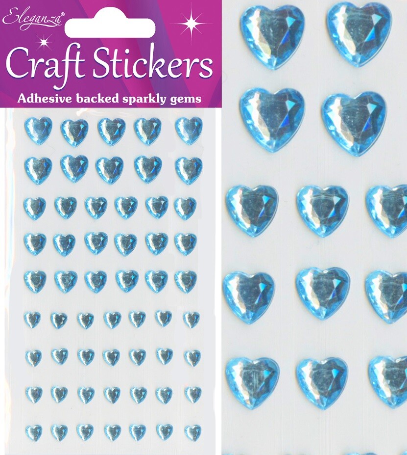 Stickers Craft Crystal Self Adhesive Hearts Sparkly Gem Card Making Invitations - Blue (6-10mm) - 56 Piece Hearts