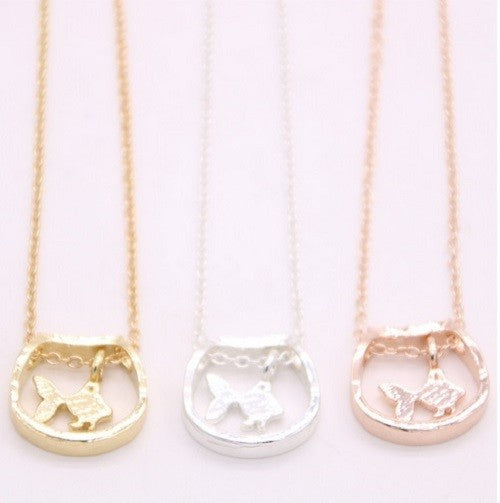 Minimalist Fish in Bowl Pendant Necklace Gold Fish in Tank & Gift Bag