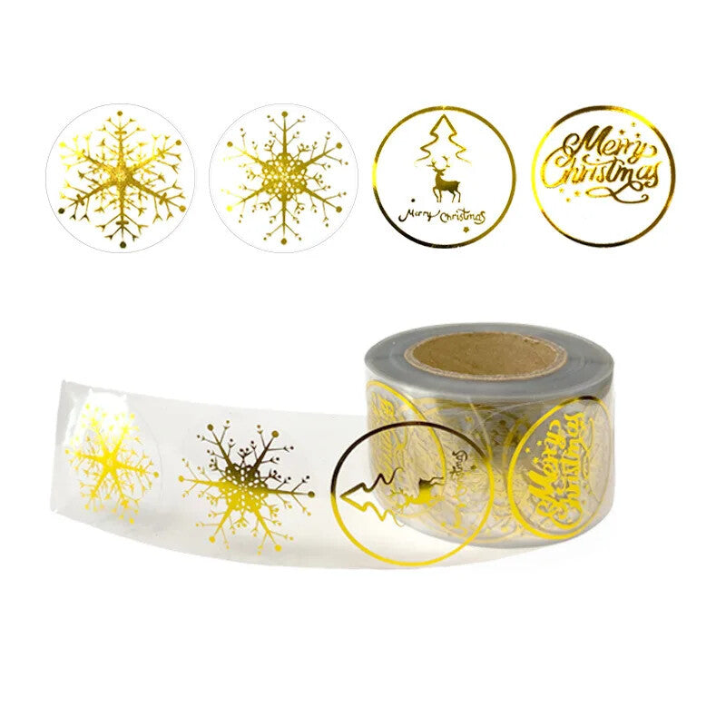 Merry Christmas Happy Xmas Gold Transparent Labels Stickers Gift Sticker 3.8cm