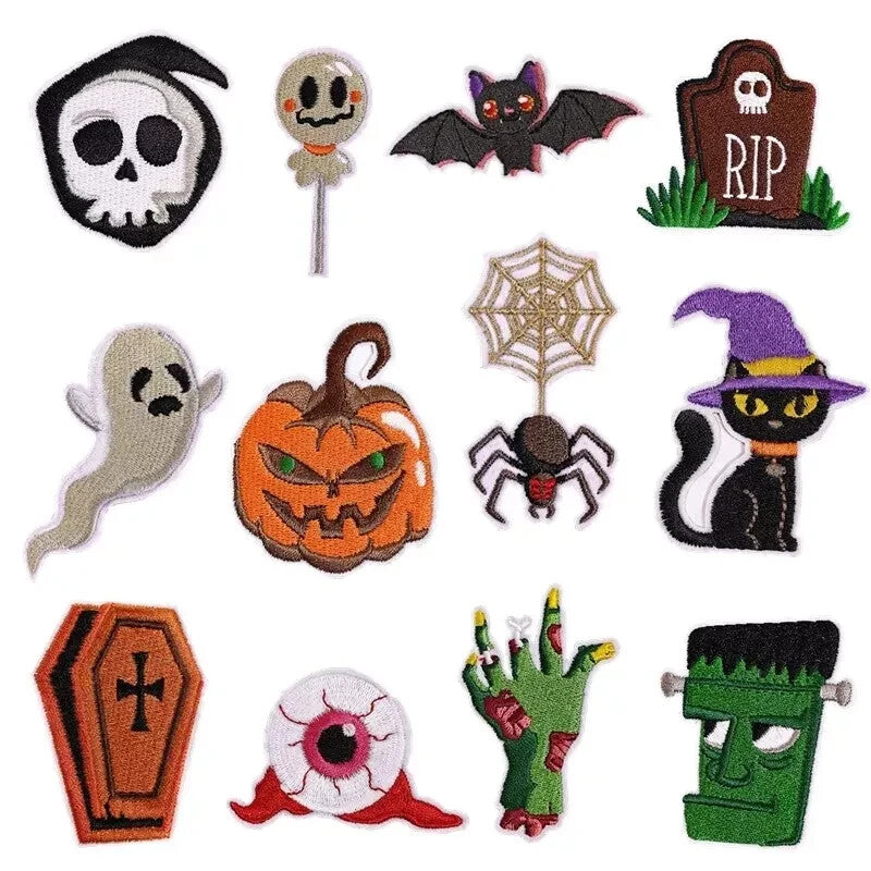 Halloween Patches Pumpkin Witch Cat Bat Ghost Embroidered Badge Iron On Sew