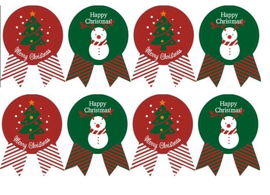 Red & Green Christmas Gift Seal Present Stickers Snowman & Christmas Tree