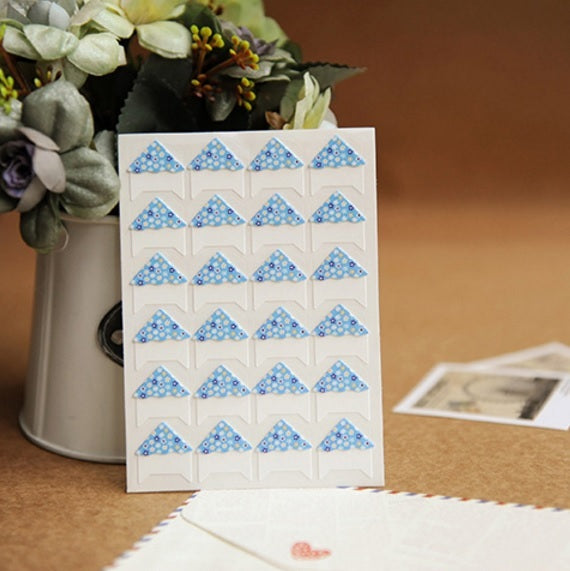 24 Cute Self Adhesive Photo Album Frame Corner Protector Stickers Scrap Book FB - Blue Flowers