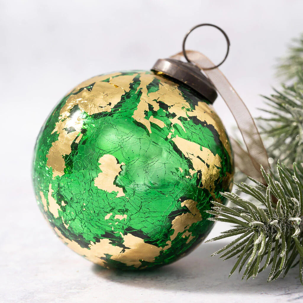 XL Glass Handcrafted Baubles Premium Traditional Christmas Tree Bauble 10cm - Emerald with Gold Foil Crackle Ball - 1 Bauble
