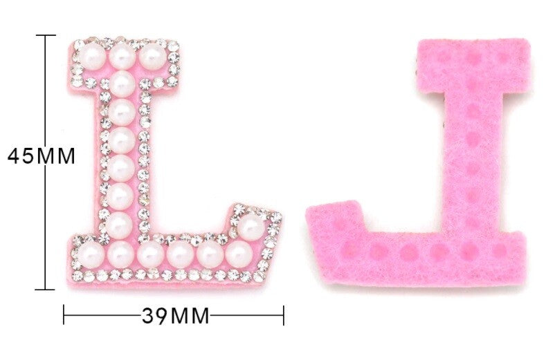 Pearl Rhinestone Letter Patch Patches Iron on Sew on Alphabet Pink White Blue