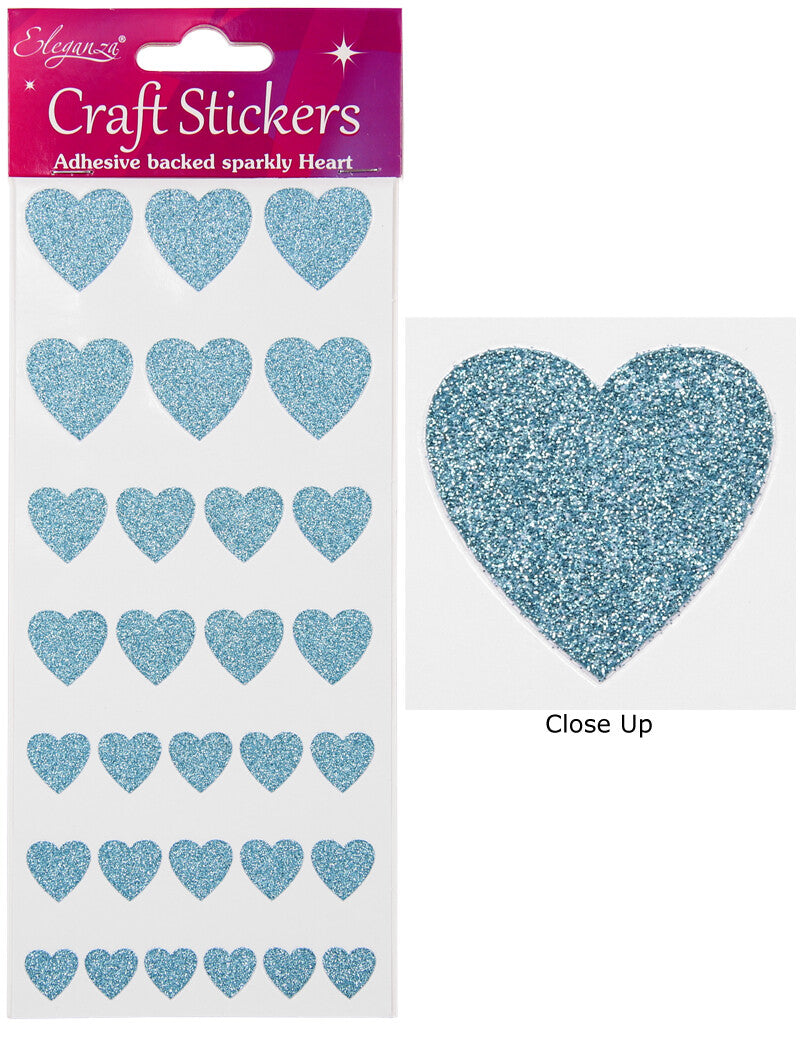 Self Adhesive Glitter Heart Sparkly Stickers Sheet of 30 - 4 Sizes of Hearts - Blue