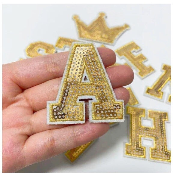 Gold Sequins Varsity Letter Patch Iron or Sew on Alphabet Customise Clothing 5cm