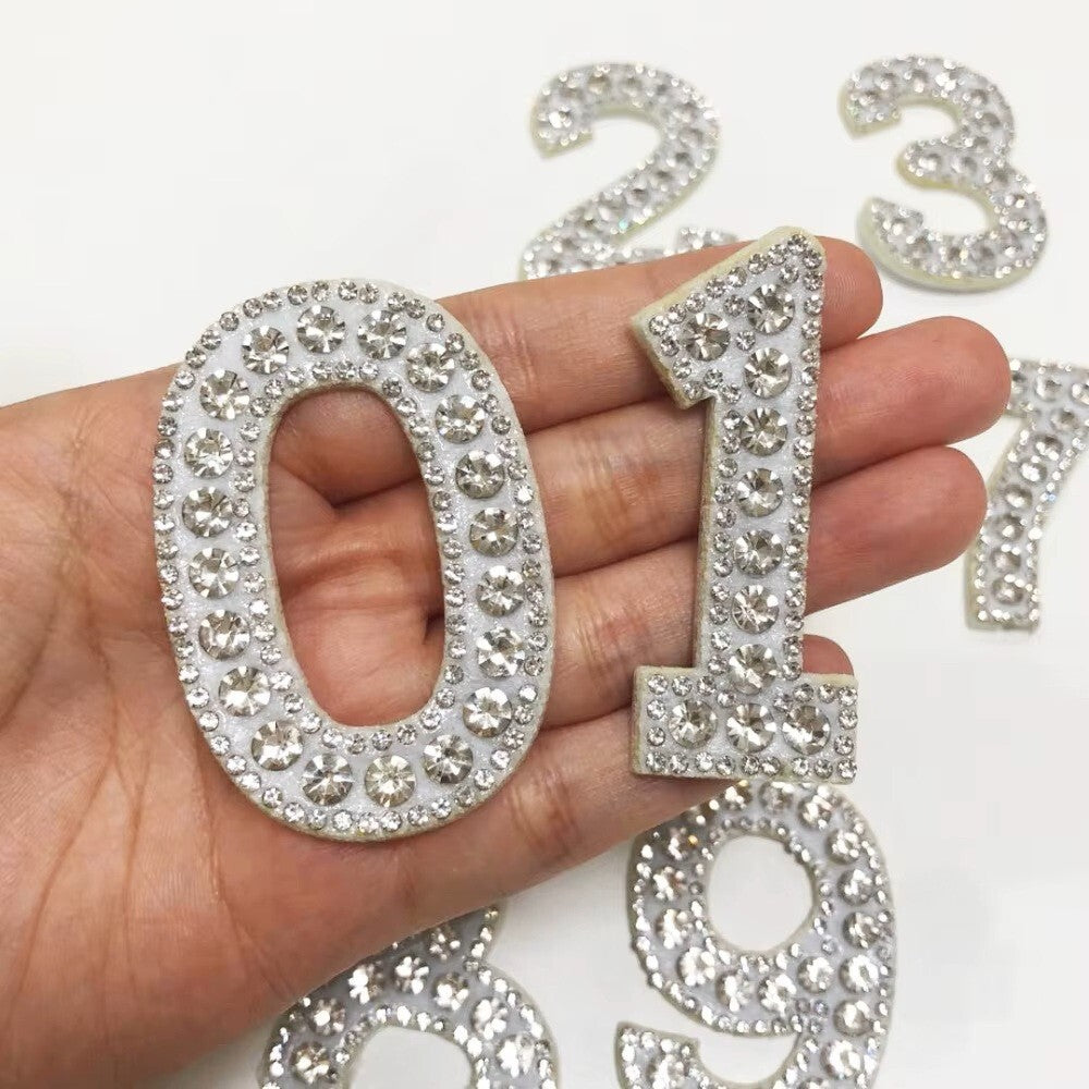 5.5cm Tall Number Patch White & Silver Rhinestone Alphabet Numbers Patches