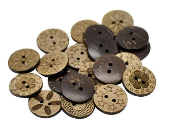 Coconut Shell Etched Natural Wooden Round Mixed Design Buttons 2 Holes 18mm