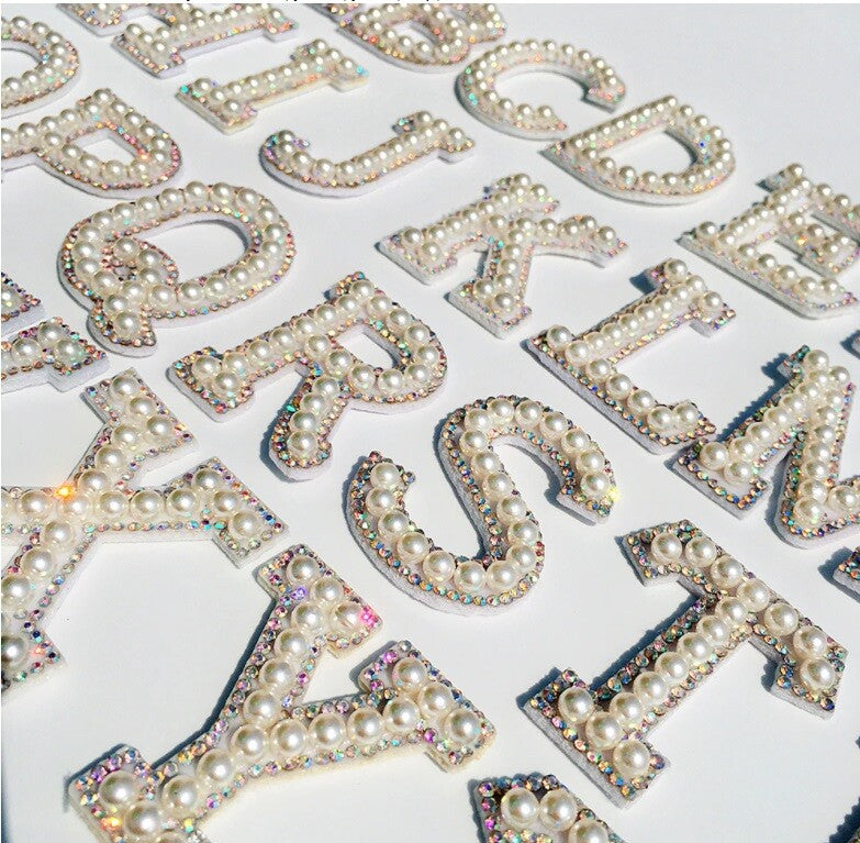 Pearl Rhinestone Letter Patch Patches Iron on Sew on Alphabet Pink White Blue - AB Crystal & Pearl