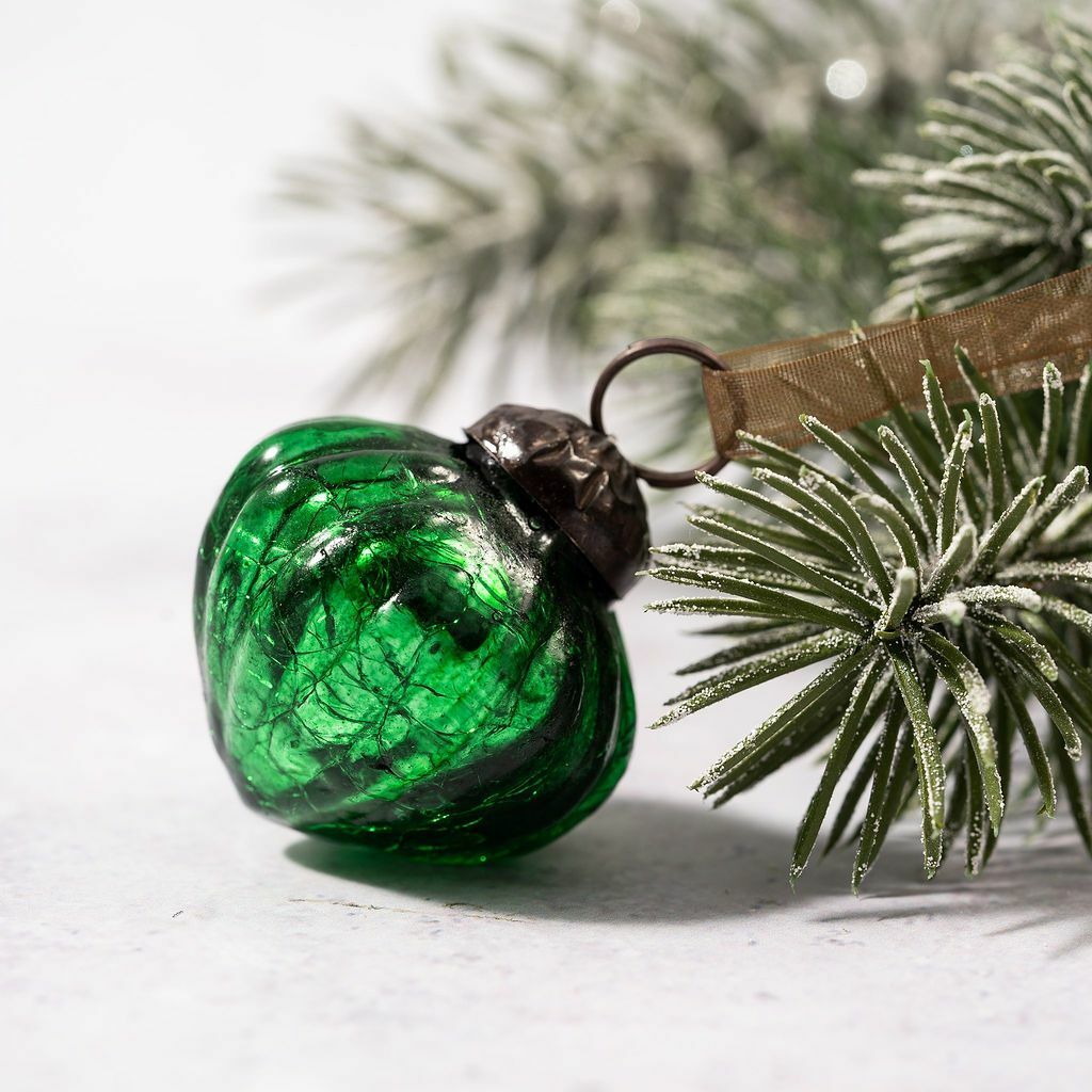 6 Pack Small Glass Handcrafted Baubles Premium Traditional Christmas Tree Craft - Set of 6 Small Emerald Crackle Glass Lanterns