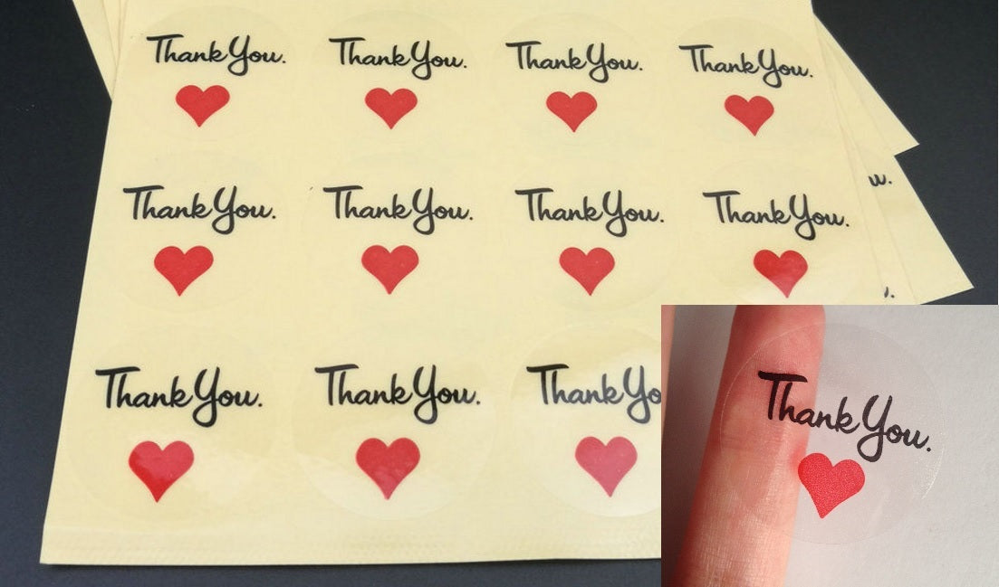 Transparent Round Labels 'THANK YOU' Red Heart Gift Food Craft Stickers