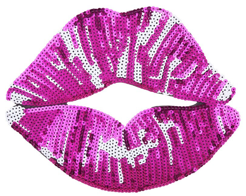 Large Lips Mouth Back Patch Lip Sequin Iron on Fashion Sweater Patch 27x20cm - Fuchsia Pink
