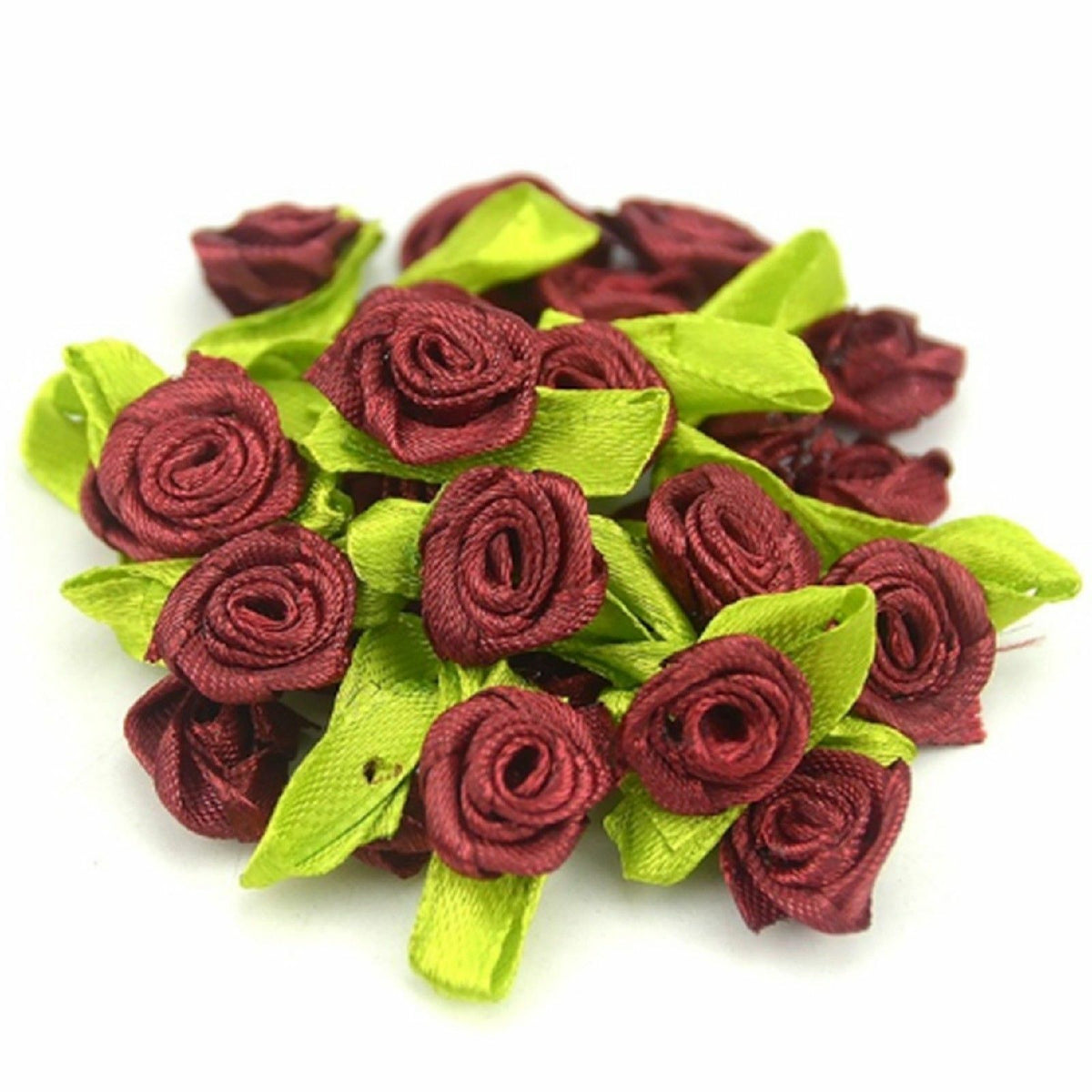 Mini Satin Ribbon Rose Buds Flowers Green Leaf Leaves Craft Wedding Confetti - Wine Red