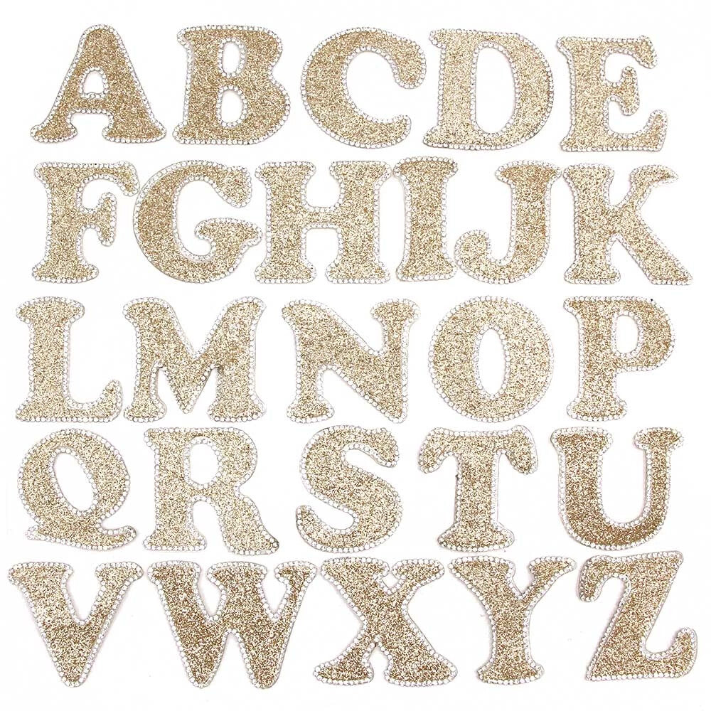 3D Rhinestone Champagne Gold Glitter Letter Patch Iron on Alphabet Patches 5cm