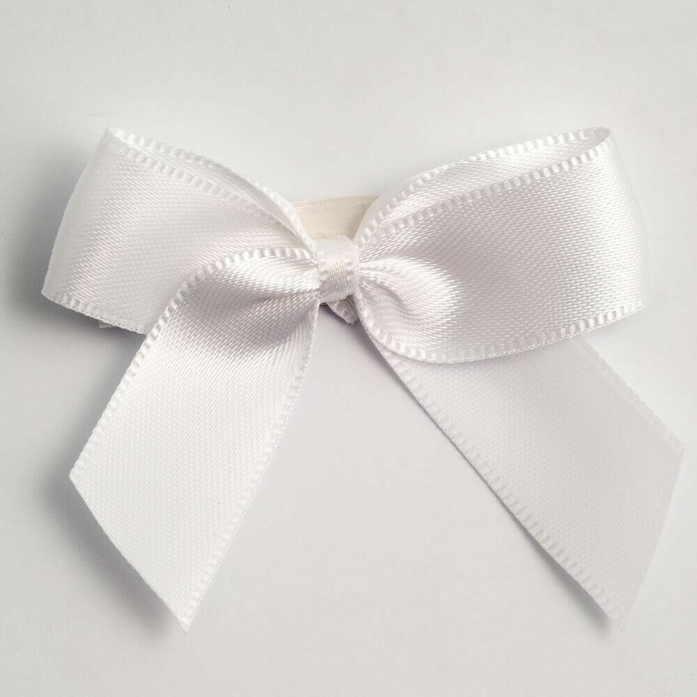 Self Adhesive 5cm Bow Satin Bows Sticky Pre-Tied 16mm Ribbon Craft Wedding - White