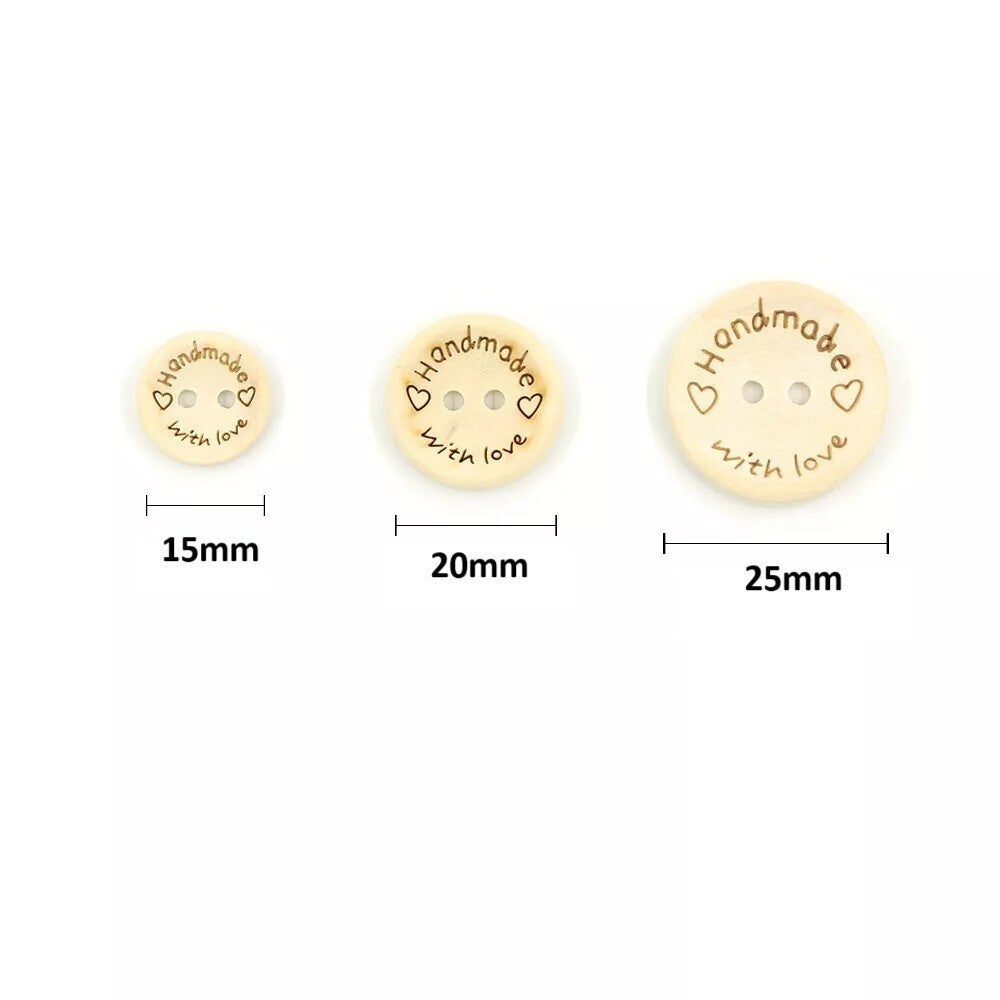 Handmade With Love Wooden Round Buttons Wood Hand Made All 3 Sizes - 15/20/25mm - 25mm