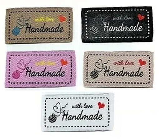 Fabric Labels 'Hand Made With Love' Sew On Woven Garment Label Tags 50x25mm