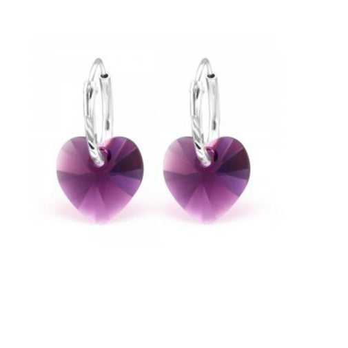 925 Sterling Silver Crystal Hoop Heart Earrings Choice of Colours - Amethyst