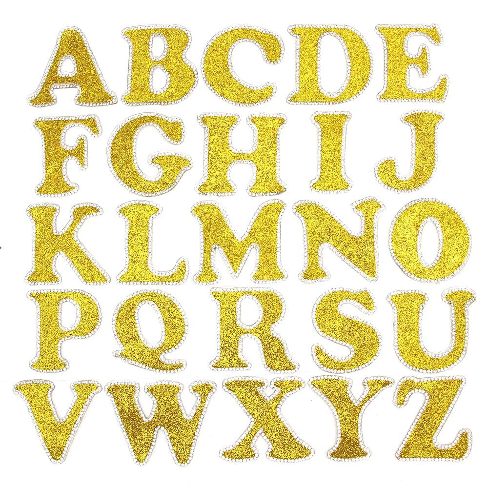 3D Multicoloured Pink Gold Glitter Letter Patch Iron on Alphabet Patches 5cm - Gold
