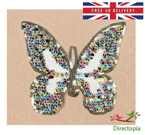 Sew On Sequins Applique Rainbow BUTTERFLY Patch Sparkly Customise Craft Clothing