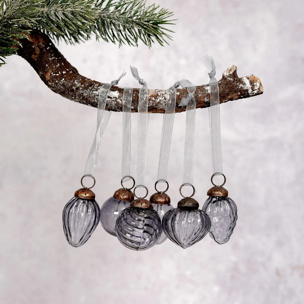 6 Pack Small Glass Handcrafted Baubles Premium Traditional Christmas Tree Craft - Set of 6 Small Mixed Slate Lustre Baubles