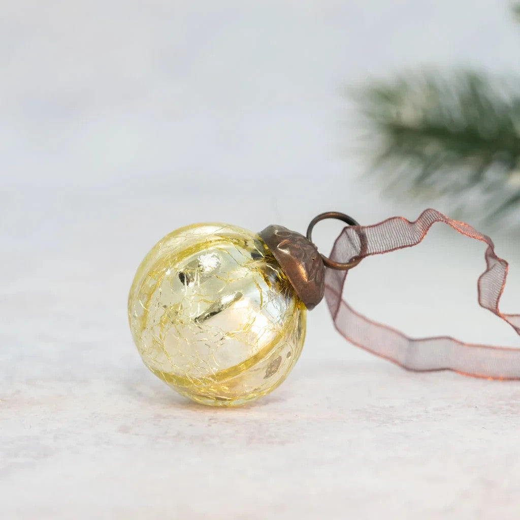 6 Pack Small Glass Handcrafted Baubles Premium Traditional Christmas Tree Craft - 6 Gold Ribbed Balls