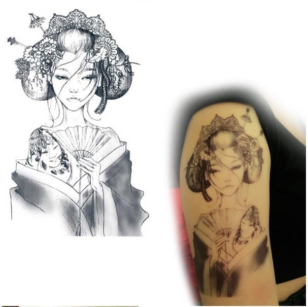 Large Waterproof Traditional Japanese Geisha Temporary Tattoo Sticker Art