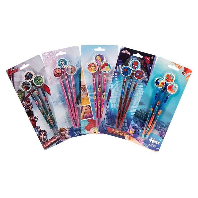 Set of 3 Pencils with Eraser Toppers Princess Star Wars Marvel Frozen
