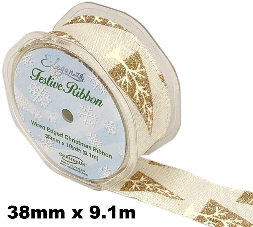 Eleganza Festive Christmas Ribbon Roll Craft Wreath Bows Gifts Tree Decoration - Christmas Tree Wired Edge Ivory/Gold