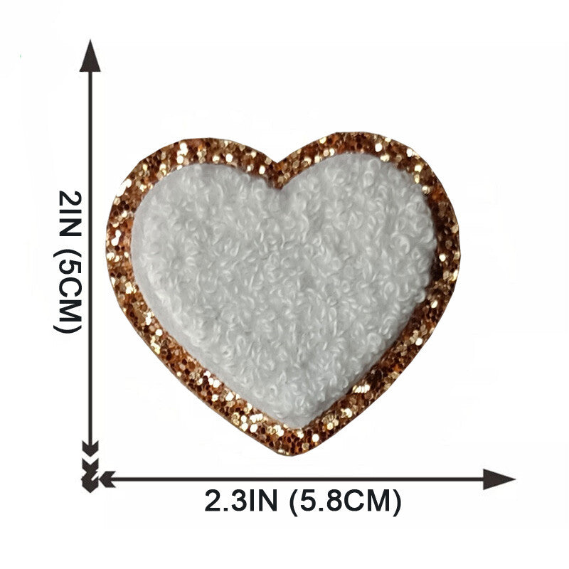 5cm Chenille & Gold Towel Heart Patch Iron on Sew on Customise Clothing Craft - White