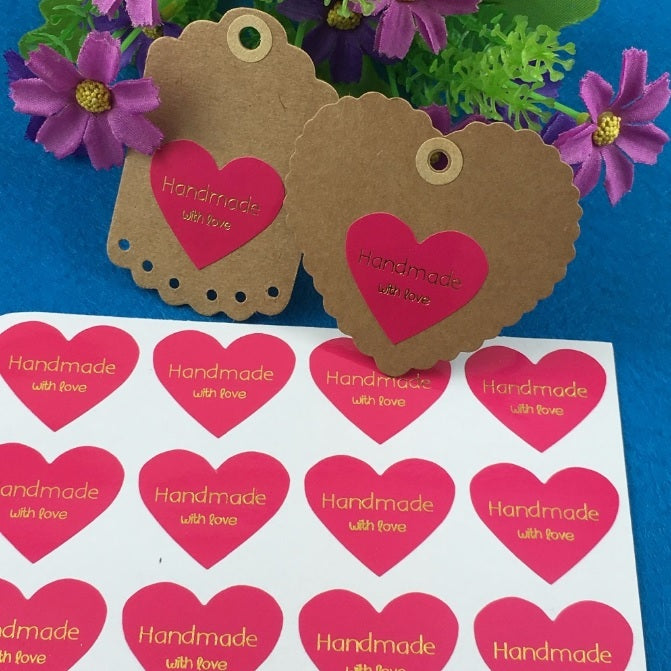 Handmade with Love Heart Gift Seal Craft Stickers Fuchsia with Gold Text Labels