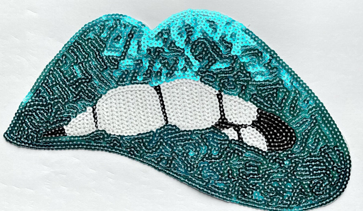 Large Rose Gold Silver Pink Lips Mouth Pop Art Lip Sequin Iron on Sew on Patch - Teal - Iron On