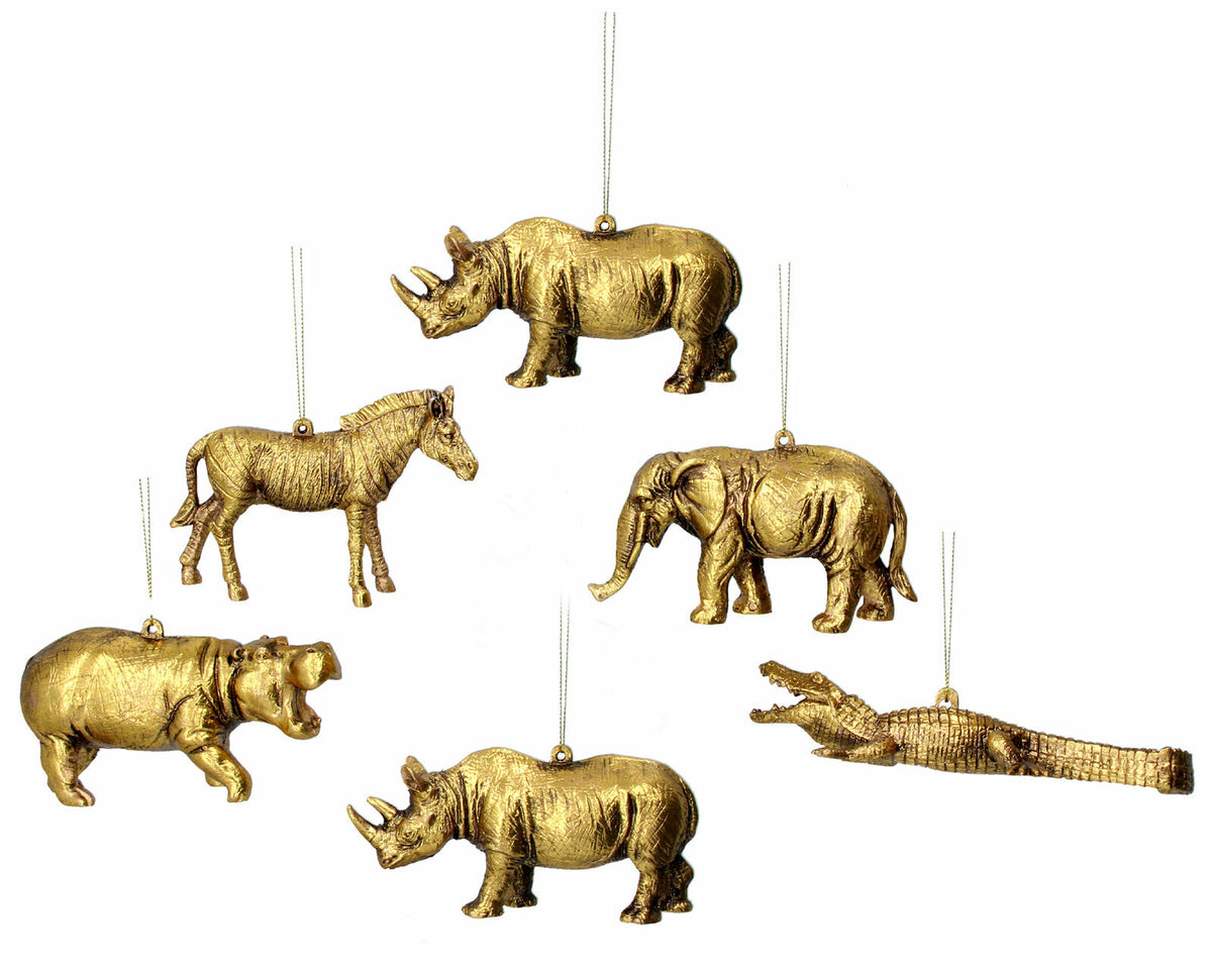 Handcrafted Tree Ornaments Baubles Premium Traditional Christmas Tree Decoration - Set of 6 Gold Resin Safari Animals