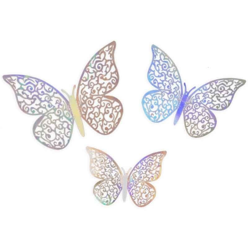 3D Adhesive Butterflies Pack of 12 - Card Making Cake Craft Wall Art Decoration - Silver Iridescent
