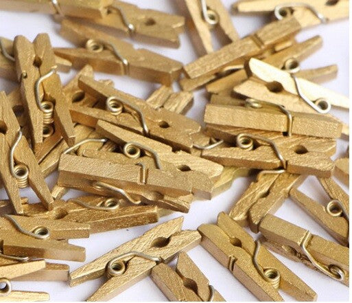 Small Craft Wooden Peg Clip Hanging Multiple Colours Card Wedding Photo Pegs - Gold