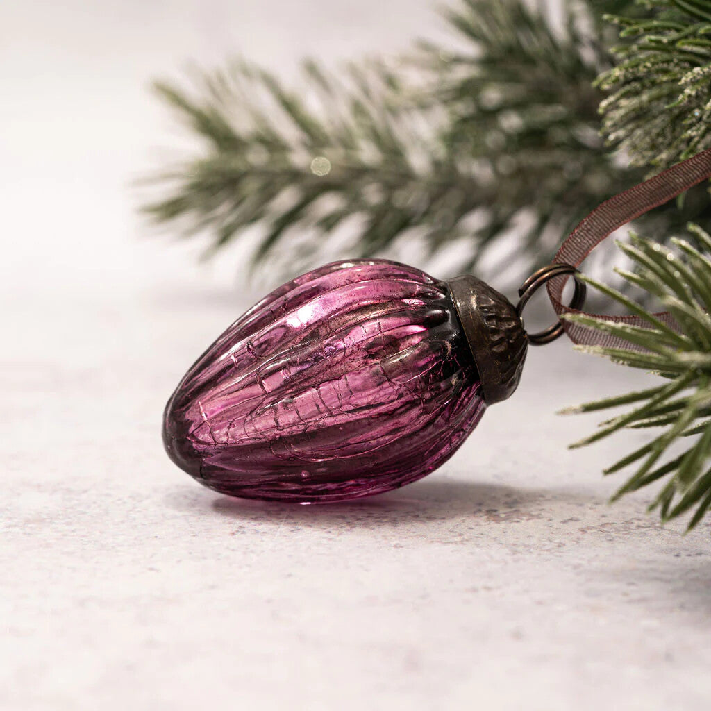 6 Pack Small Glass Handcrafted Baubles Premium Traditional Christmas Tree Craft - Set of 6 Small Mulberry Crackle Glass Pinecones