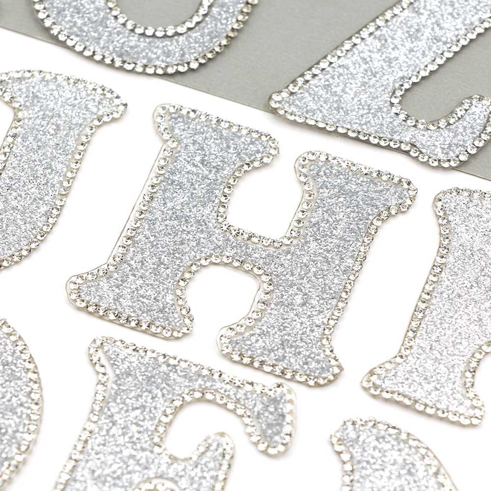 3D Rhinestone Silver Grey Glitter Letter Patch Iron on Alphabet Patches 5cm