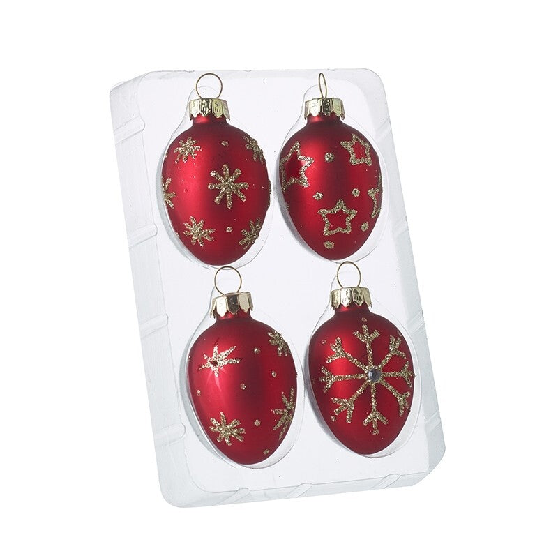 Glass Handcrafted Baubles Premium Traditional Christmas Tree Decoration - 4 Pack Red Glitter Baubles