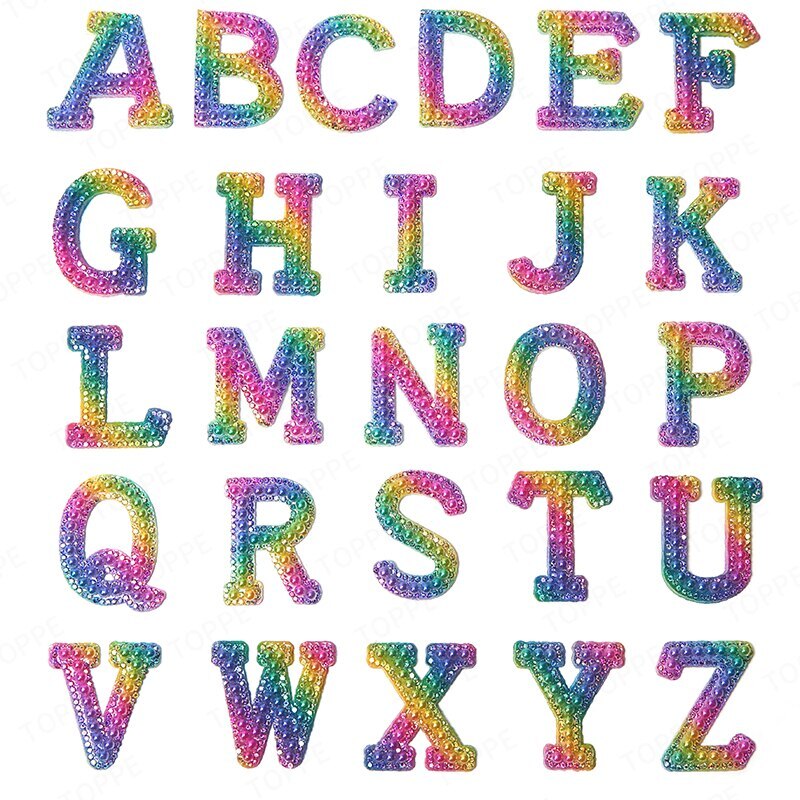 Rainbow Pearl Rhinestone Letter Patch Patches Iron on Sew on Alphabet Crystal