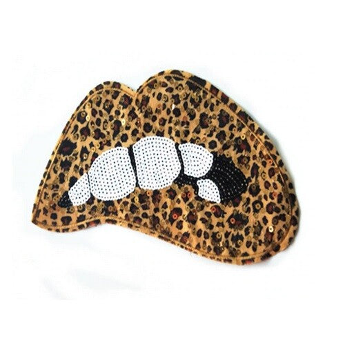 Large Rose Gold Silver Pink Lips Mouth Pop Art Lip Sequin Iron on Sew on Patch - Leopard Print - Sew On