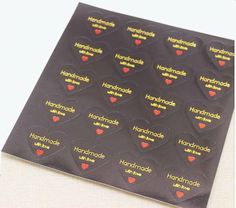 Heart Handmade with Love Gift Seal Craft Stickers Black Gold & Text Labels