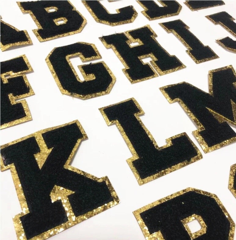 8cm Large 3D Black & Gold Chenille Patch Letter Patches Iron Sew on Alphabet